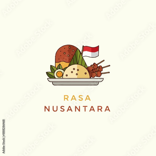 Indonesian Cuisine Illustration with Traditional Dishes and Flag.