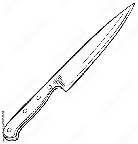 Outlined illustration of long kitchen knife. Utility blade with handle detail and sharp point for cooking, butcher or culinary arts