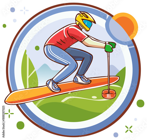 Rider on land paddleboard with helmet on green landscape outdoor activity illustration