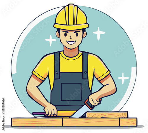 Carpenter sawing wood planks worker in overalls and hardhat craft illustration