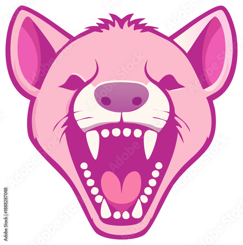 Pink Hyena Head Roaring Vector Illustration with Open Mouth and Sharp Fangs