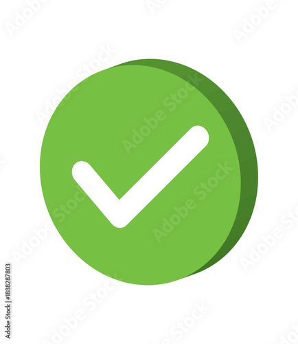 3D green check mark icon isolated on white background, isometric tick symbol for success, approved signal, completed task, correct choice and validation button for web design and mobile app UI