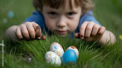 Child's perspective of gathering pastel easter eggs from fresh green grass, ideal for holiday promotions, family, and seasonal joy