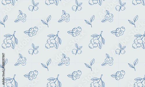Seamless pattern with hand drawn blueberry on blue background