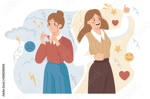 Bad vs good mood. Woman with good versus bad emotions. Negative feelings, frustration. Happiness and joy. Mental and psychological problems. Flat vector illustration