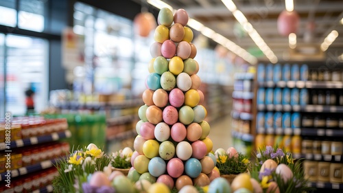 Vibrant easter eggs in a supermarket, representing seasonal shopping, consumer holidays, and festive preparation
