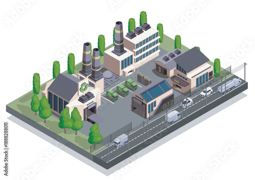 Isometric bio fuel production. Caring for environment and ecology, reducing emission of harmful waste into atmosphere. Biogas, biofuel and biomass. Volumetric vector illustration