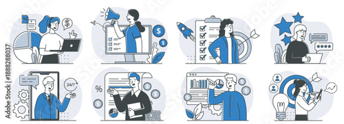 Business scenes set. Women with loudspeakers and laptops near coins. Online company promotion and marketing. Colleagues and partners. Linear vector collection isolated on white background