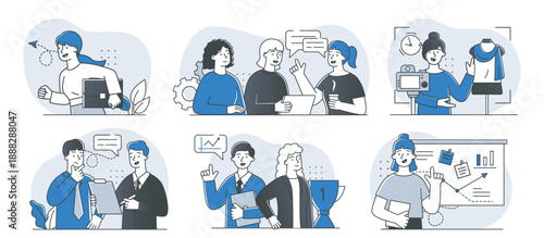 Business scenes set. Men and women discuss project. Colleagues and partners brainstorming. Collaboration and cooperation, partnership. Linear vector collection isolated on white background