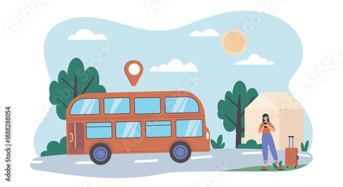 Woman with bus app. Young woman buys public transportation ticket using application. Modern urban infrastructure and contactless payment. Passenger with luggage. Flat vector illustration