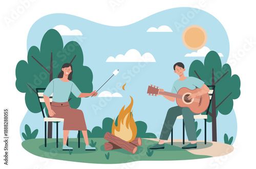 Couple near camp fire. Woman with marshmallow and man with guitar sit near bonfire. Holiday and vacation. Camping and hiking, active leisure. Flat vector illustration