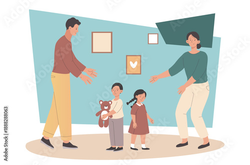 Children custody concept. Woman and man share children. Parents getting divorced. Family conflict. Negative feelings and emotions. Separation and divorce. Flat vector illustration