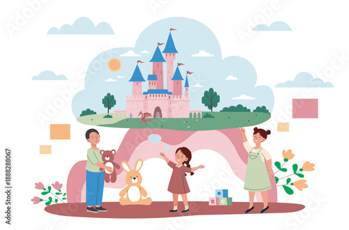 Children dreaming concept. Boy and girl imagine fairytale castle with knight and dragon. Imagination and fantasy. Friends read fairy tales. Flat vector illustration