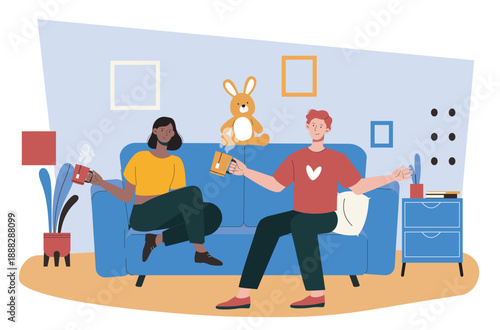 Couple chilling together. Man and woman sitting on sofa with mugs of tea in their hands. Couple communicates at home and spends time together. Boyfriend and girlfriend. Flat vector illustration