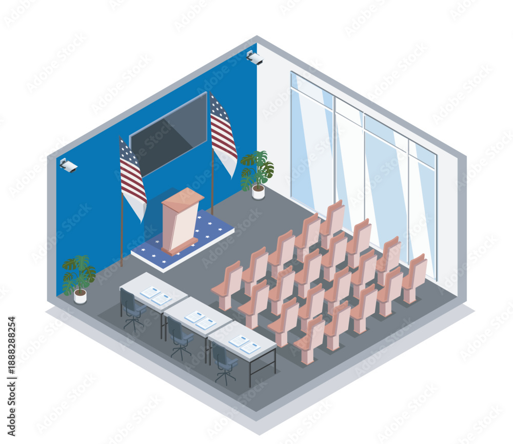 Fototapeta premium Isometric government briefing room. Tribune with two american flags and empty chairs. Place for political debates and press releases. Presidential Administration. Volumetric vector illustration