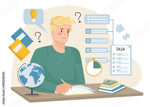 Boy passes exam. Teenager writes answers to questions in notebook. Education and training. Schoolchild or student takes tests. Lesson in school or university. Flat vector illustration