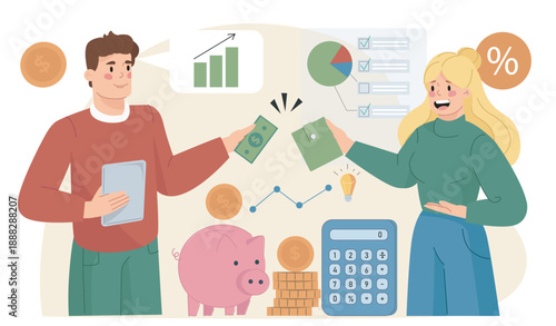 Family finances concept. Man and woman with banknotes in hands near graphs and charts. Financial literacy and responsibility. Accounting and budgeting. Flat vector illustration