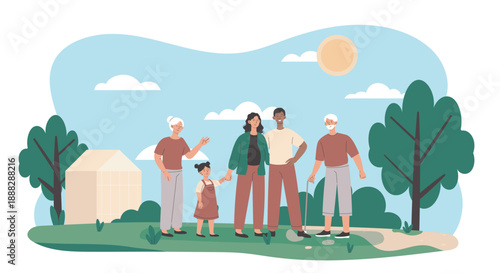 Family generations on lawn. Grandparents, parents and child spending time together outdoors. Good relations in family. Husband and wife with kids. Flat vector illustration