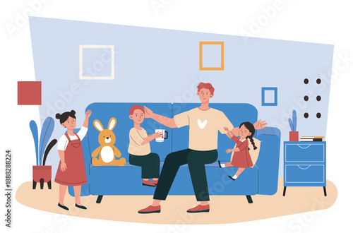 Father looking for kids. Man sits with girls and boy and tells them fairy tales. Childhood and parenthood. Parent spends time with children. Flat vector illustration