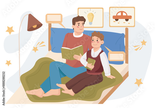 Father read with son. Man and boy sitting on bed and reading books. Education and training, learning. Parent spend time with child. Hobbies and leisure. Flat vector illustration