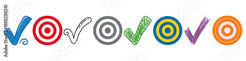Doodle-style checkmark near bullseye Flat Vector Illustration on Transparent Background