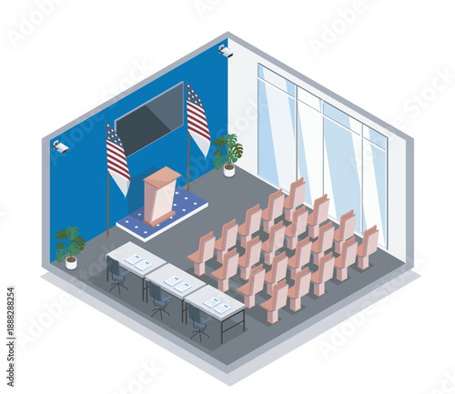 Isometric government briefing room. Tribune with two american flags and empty chairs. Place for political debates and press releases. Presidential Administration. Volumetric vector illustration