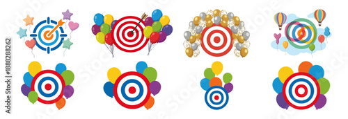 Target surrounded by balloons Flat Vector Illustration on Transparent Background