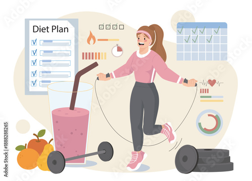 Woman with diet plan. Young girl jumps rope near fruits, dumbbells and glass of smoothie. Weight loss and proper nutrition, healthy lifestyle. Flat vector illustration