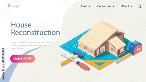 House reconstruction isometric poster. Hammer, screwdriver, tape measure and triangular ruler. Repair, renovation and construction. Landing page design. Volumetric vector illustration