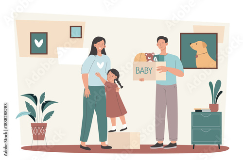 Daughter hugging pregnant mother. Girl hugs woman with big belly. Child expecting sister or brother. Happy family spending time together. Flat vector illustration