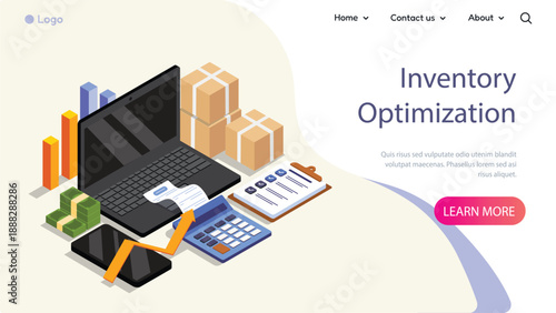Isometric inventory optimization poster. Laptop near cardboard boxes. Logistics, transportation and shipping. Landing page design. Volumetric vector illustration