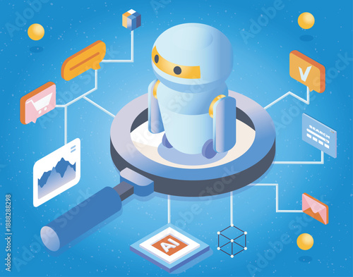 Isometric AI robot. Artificial intelligence and machine learning. Virtual helper and assistant. Process automation, online client consultation. Volumetric vector illustration