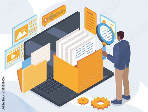 Isometric file search. Man with magnifying glass examines files in folder. Electronic archive and information storage. Digital library with documents. Volumetric vector illustration