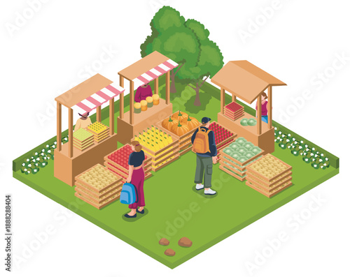 Isometric fruit sales. Man and woman choose fruits and vegetables from counter. Bazaar and market. Local shop with natural and organic food. Volumetric vector illustration