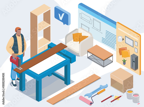 Isometric carpenter at workplace. Man saws board for chair or cabinet. Furniture designer at workplace. Woodwork and carpentry, construction. Volumetric vector illustration