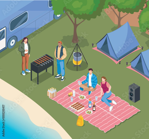 Isometric grill party. Men and women grill meat. Friends spend time together at picnic. Camping and hiking. Barbecue party outdoor. Volumetric vector illustration