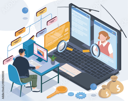 Isometric hooded hacker. Man surfs computer and steals personal data. Cybercrime, online danger. Programmer creates malicious software. Volumetric vector illustration