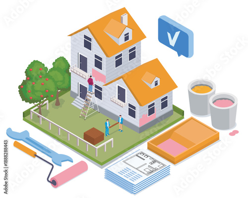 Isometric house repair. Men repainting house pink. Building facade renovation and repair. Mansion exterior. Real estate and private property. Volumetric vector illustration