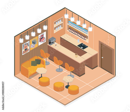 Isometric interior pub. Bar stools, counter, and display of expensive, high end liquor. Alcoholic beverages on shelves. Restaurant, tavern, or bar. Volumetric vector illustration