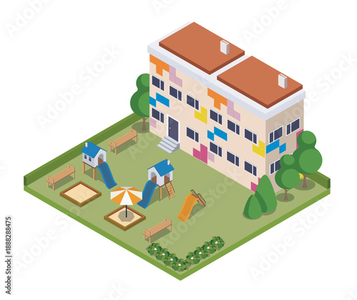 Isometric kindergarten playground. Exterior of building with playground. Slides, carousels and swings for children. Recreation area for kids. Volumetric vector illustration