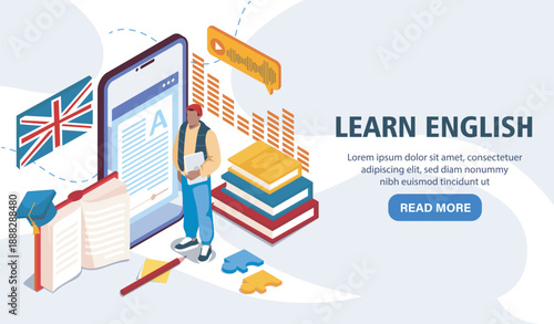 Isometric learning English poster. Teenager near stack of books and English flag. Education and learning online. Vocabulary and grammar. Landing page design. Volumetric vector illustration