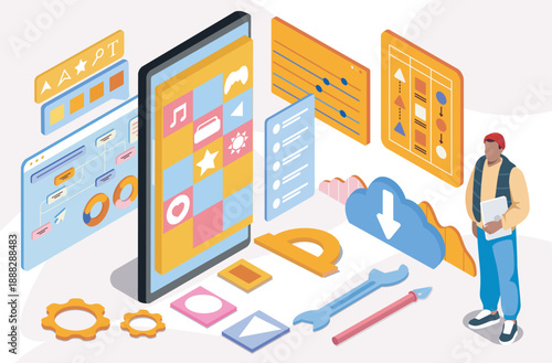 Isometric mobile application. Man near smartphone with different icons. Software development. Mobile programs for smartphones. Programmer writes code. Volumetric vector illustration