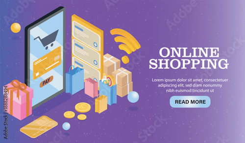 Isometric online shopping poster. Smartphone with shopping cart near bags and boxes. Advertising and marketing, promotion. Landing page design. Volumetric vector illustration