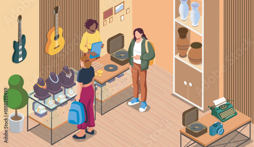 Isometric pawn shop. Customers in store choose rare items. Guitars, jewelry and clocks on counter. Payment, purchase and commerce. Volumetric vector illustration