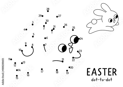 Easter village vector dot-to-dot and color activity with cute running bunny. Black and white spring connect the dots game with holiday symbol. Line printable worksheet with rabbit