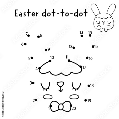 Easter village vector dot-to-dot and color activity with cute bunny face. Black and white spring connect the dots game for children with holiday symbol. Line printable worksheet with rabbit head