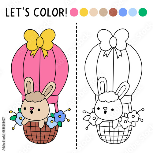 Easter village coloring page for children with cute bunny on hot air balloon. Vector spring holiday outline illustration. Color book for kids with colored example. Drawing skills printable worksheet