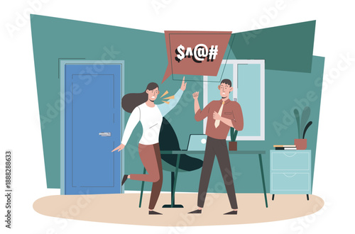 Job conflict concept. Man and woman yelling at each other in office. Frustration and aggression. Poor team atmosphere, inefficient work process. Flat vector illustration