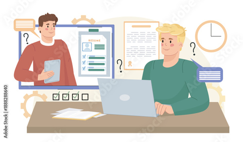 Job interview online concept. Man answers questions from HR manager. Job candidate. Headhunting and recruitment. Employer evaluates employees resume. Flat vector illustration