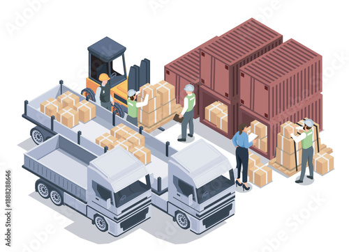Isometric loading cargo container. Workers load boxes from containers into trucks. Logistics, transportation and shipping. Import and export. Volumetric vector illustration